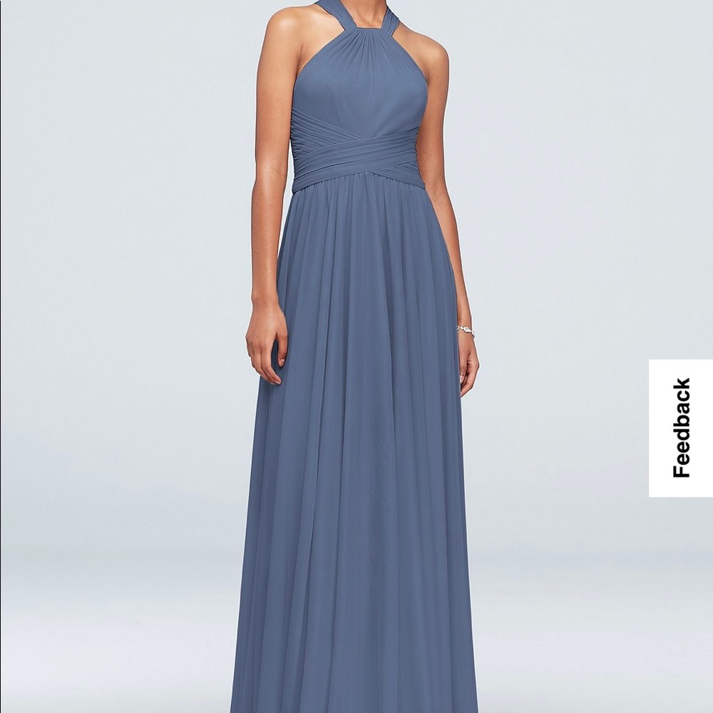 David’s Bridal long mesh halter bridesmaid dress in Steel Blue